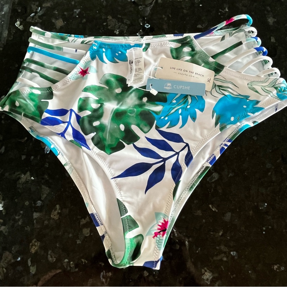 CUPSHE XL Tropical Monstera Bikini Bottoms Green Blue White Strappy NWT